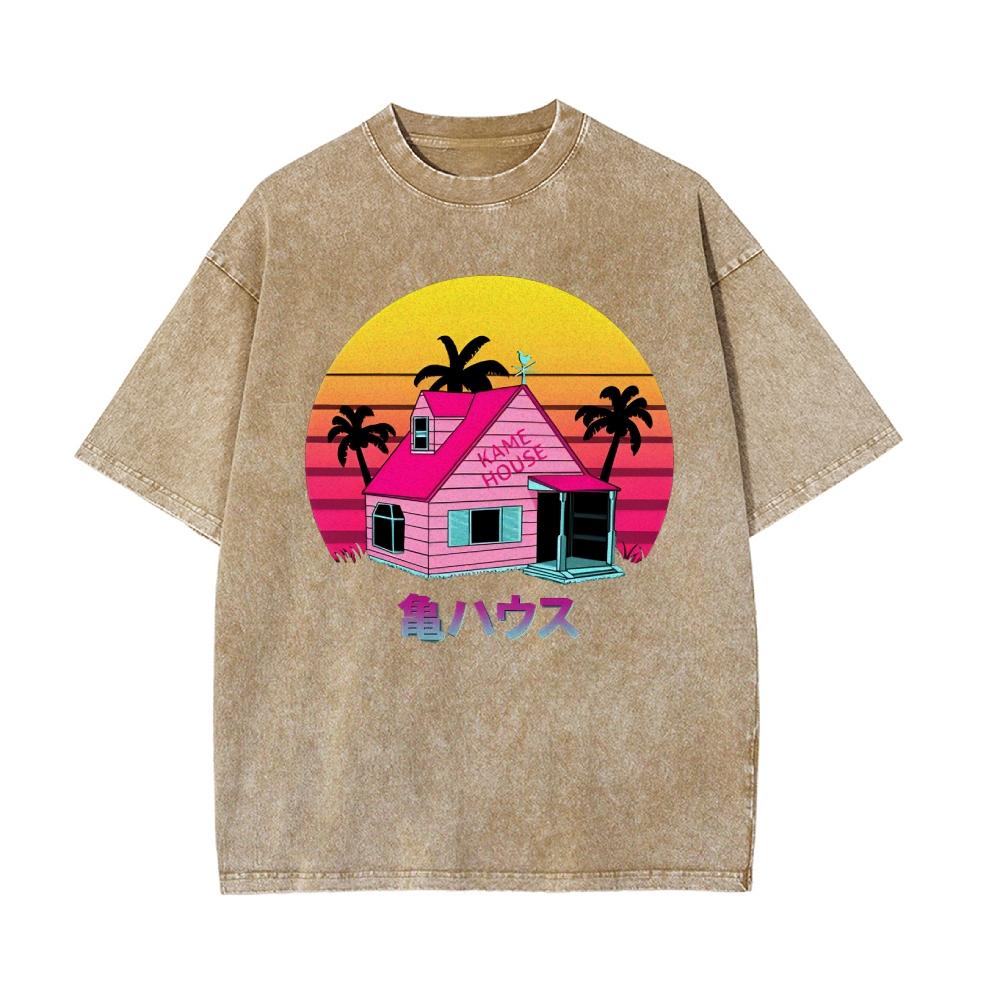 Cartoon Anime Style Sunset Print Women's T-Shirt Loose Wash Oversized Fashion Short Sleeve Cotton American Retro Street Tee