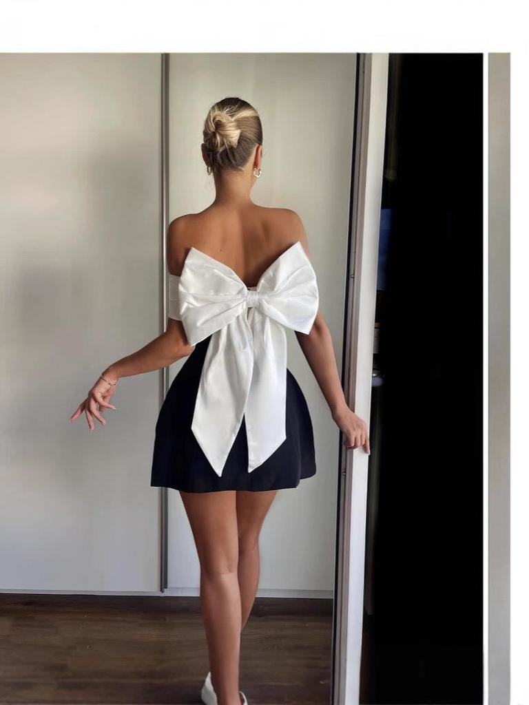 One-Shoulder Black & White A-Line Dress with Bow - Waist-Defining Design, Spring/Summer
