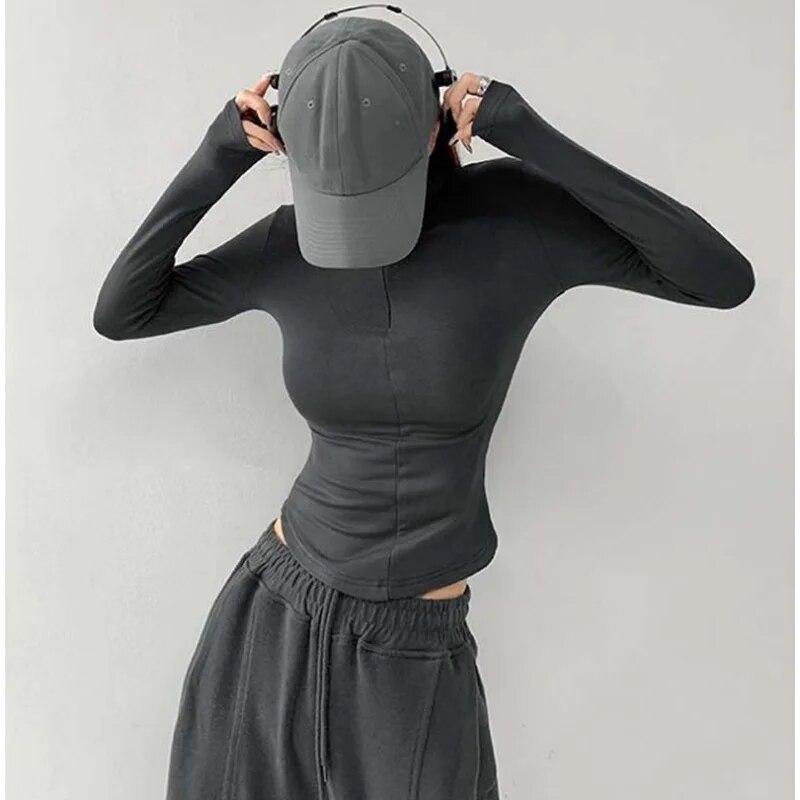 Elastic Tight Sexy Lapel Long Sleeve T-shirt Women Hottie Turndown Collar Slim Undershirt Inside Velveteen Sports Shirt Casual