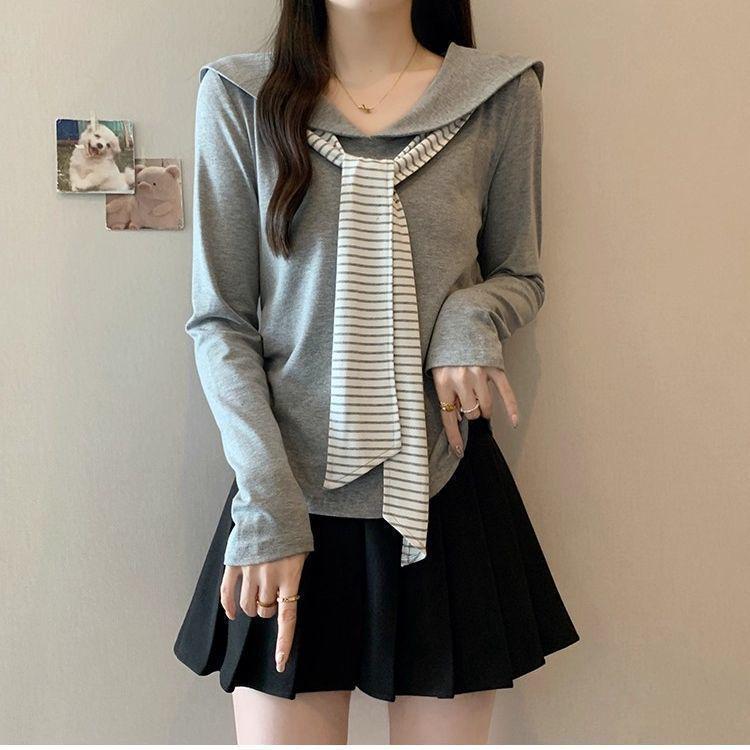 

Plus Size Women s Navy Lace-Up Long Sleeve T-shirt - Korean Style, Slimming Design, College Style, Perfect for Spring and Autumn 2XL (141-160 lbs) серый