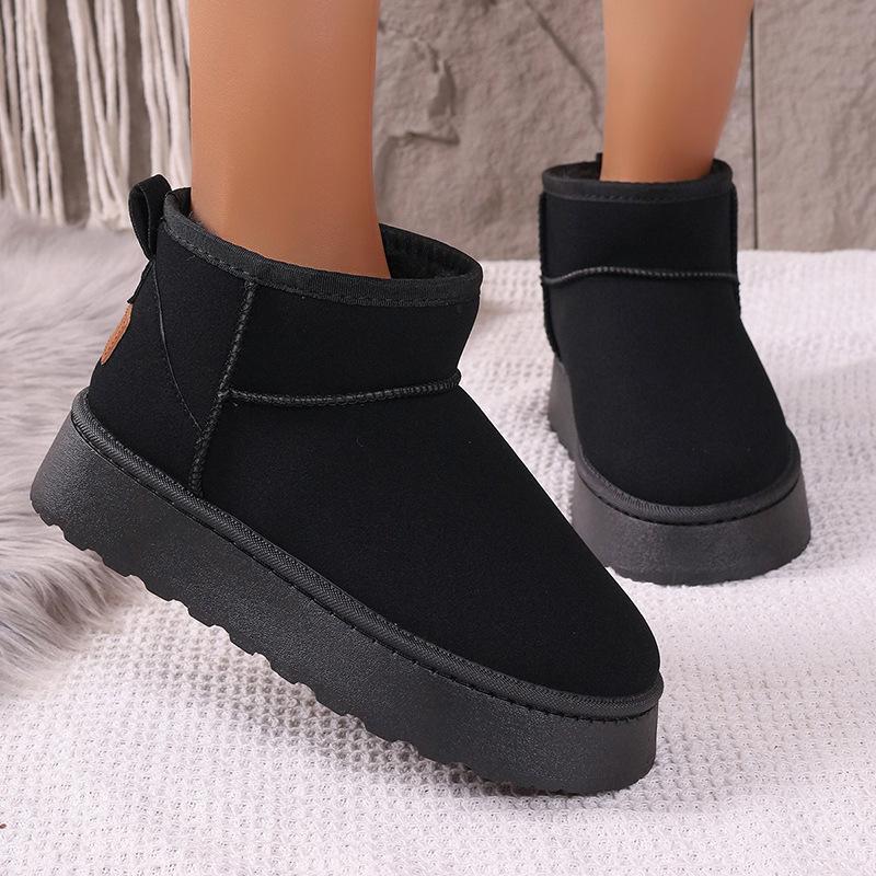 Women Winter Large Size Round Toe Thick Sole Snow Boots Casual Short Tube Velvet Fur Warm Cotton Shoes Solid Color 36-41