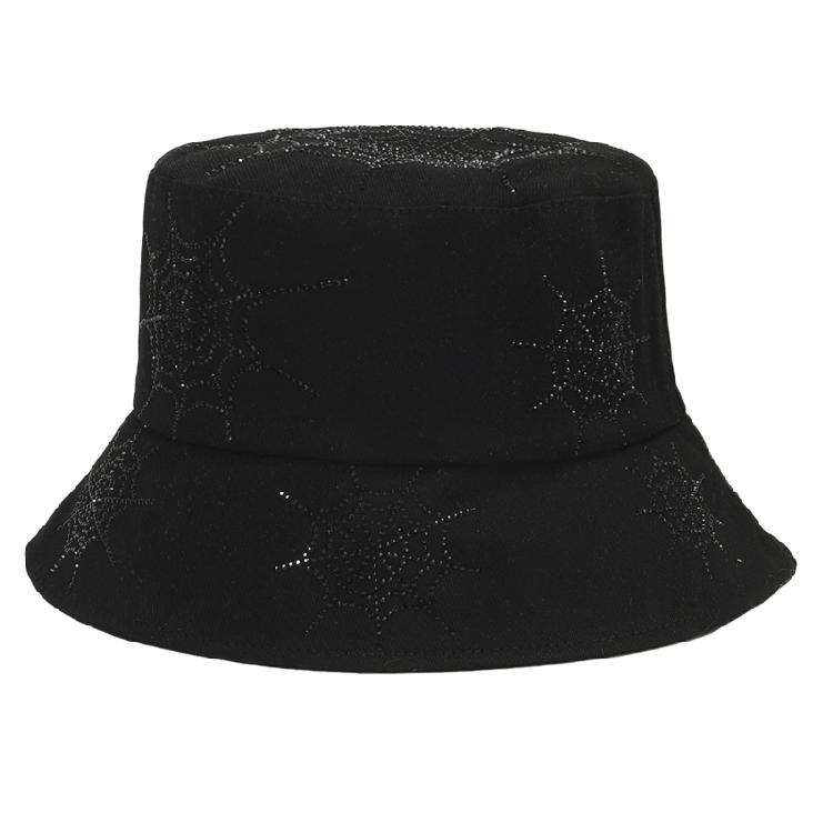 Rhinestones Spiders Web Patterned Fisherman Hat Protective Lightweight Polyester Wide Bill Hat for Women