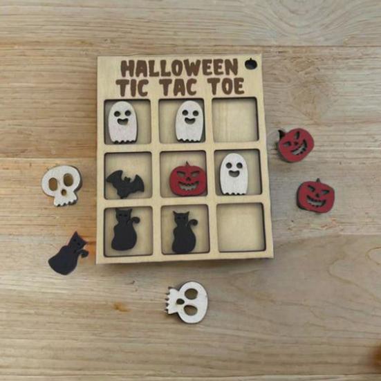 Halloweenowa drewniana gra planszowa Rustykalna gra stołowa na imprezę halloweenową z dyniami, nietoperzami, kotami, duchami dla dorosłych, dzieci, upominki na imprezę