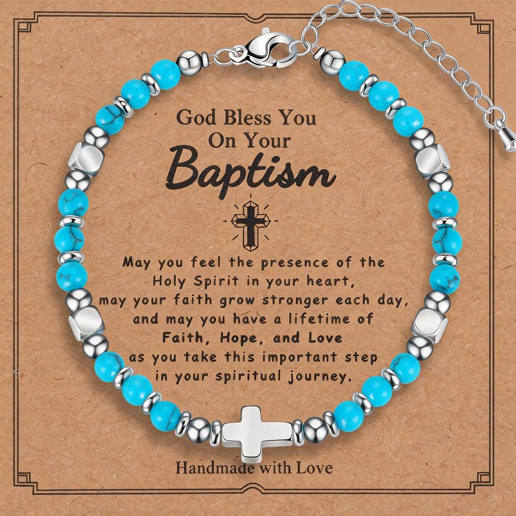 Christian Baptism Religious Beaded Cross Bracelet for Women Pink Crystal Beads Chain Bracelets Christian Easter Jewelry Gift