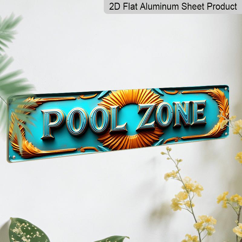 2D Flat, Large Turquoise & Golden Vintage Pool Zone Metal Sign - 15.7×3.94inch Retro Turquoise Blue Pool Table Wall Art with POOL ZONE Lettering