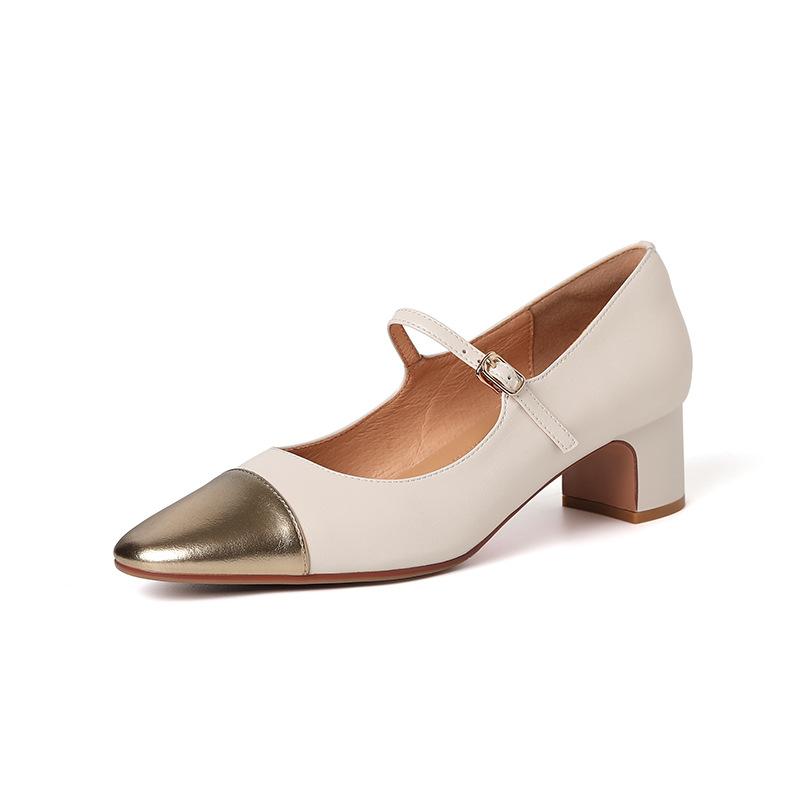 Love At a Glance~ Xiaoxiangfeng Thick-heeled Mary Jane Shoes 2025 Spring Full Leather Color Matching with Commuter Shoes