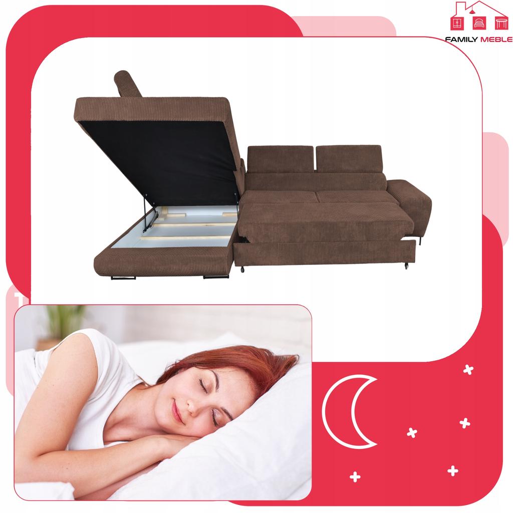Corner Sofa, Foldable, F, Sleeping, Savio, Left, Family Furniture, Brown, Corduroy