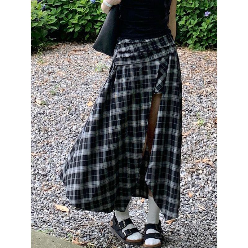 Kumikumi Design Sense Black Pleat Vest Top Women Summer Slimming Plaid Skirt Long Dress Two-piece Set