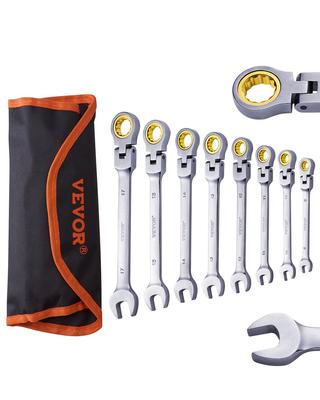 Flex-Head Ratcheting Wrench Set, 8-piece Combination Wrench Set with Roll-up Pouch