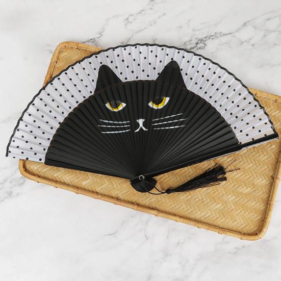 Cartoon Cat Folding Fan Japanese Style Wooden Hand Held Fan