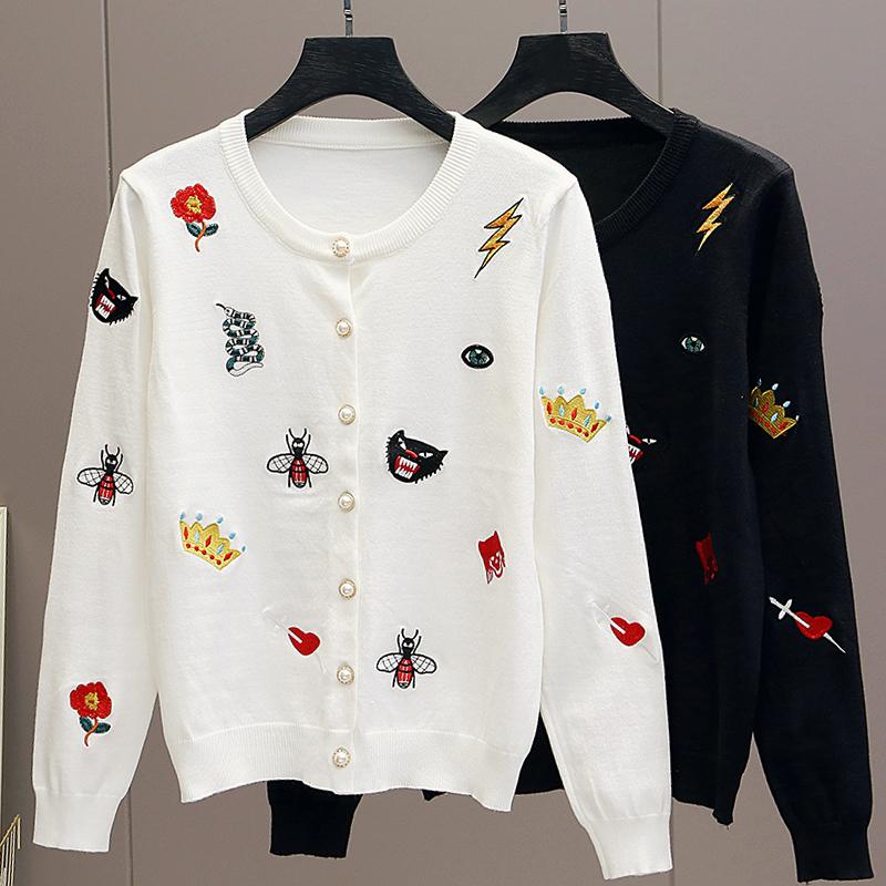 Autumn Women Designer Embroidery Monsters Single Breasted Knitted Sweater Coat Jacket