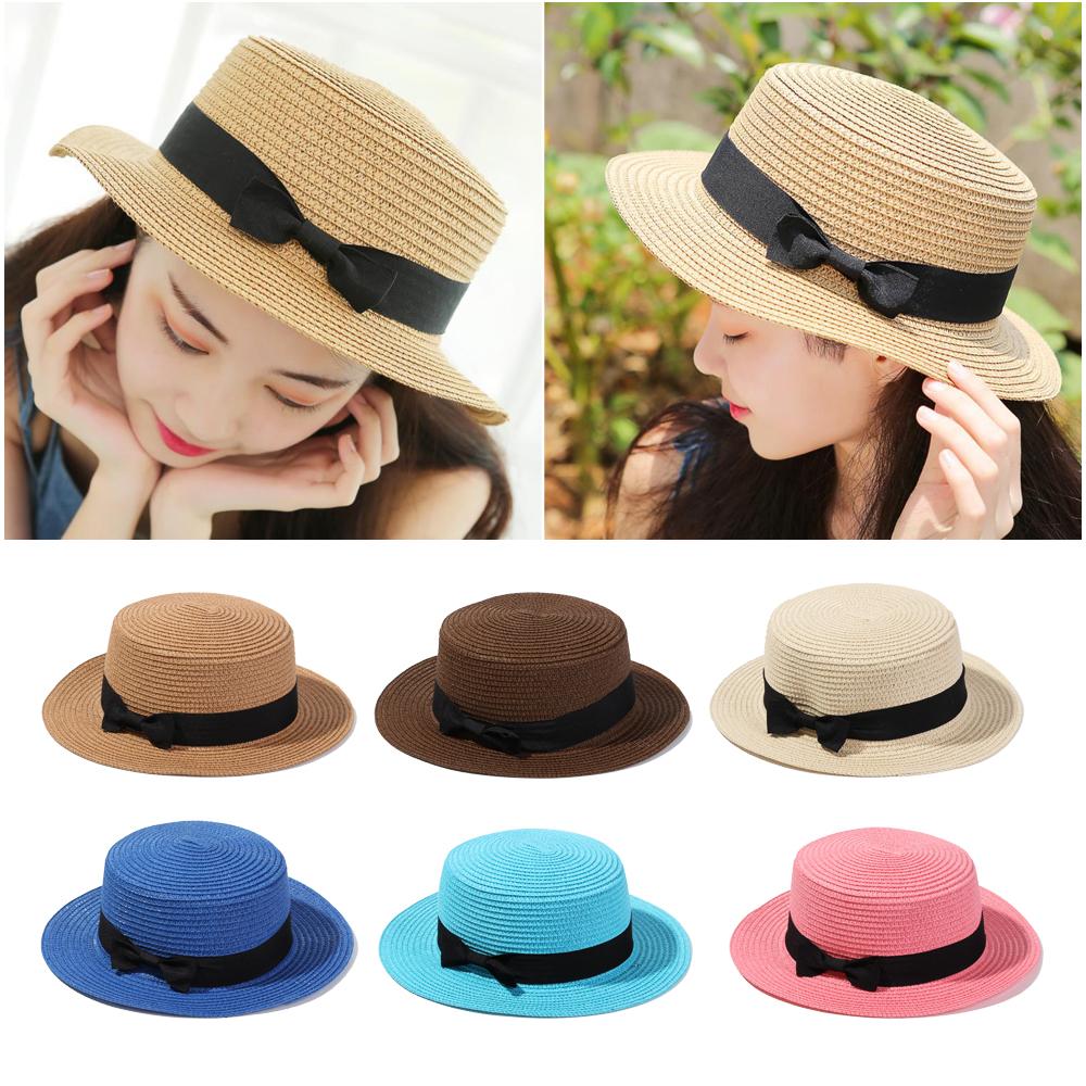 For Women Girls Flat Brim Bowknot Breathable Sun Hat Beach Hat Panama Straw Cap