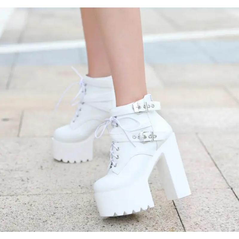 Fashion 2025 Spring New Korean Thick Heels Short Boot 14cm Super High Heel Womens Shoes Platform Sexy White Fashion Ankle Boots