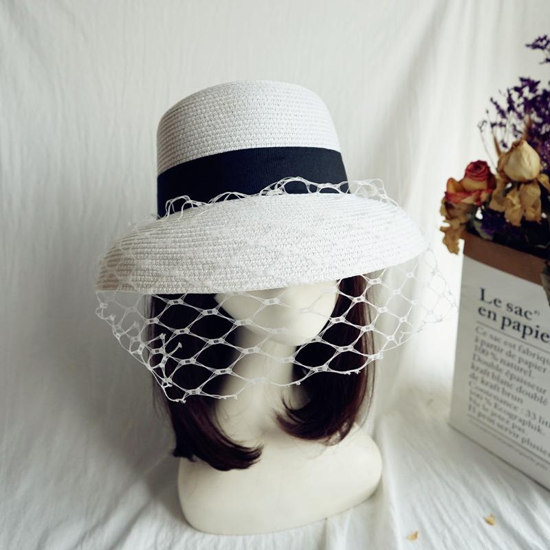 French Elegant Retro Mesh Black Bell-Shaped Basin Hat Women'S Summer Sunshade Sunscreen Beach White Fisherman Top Hat Straw Hat