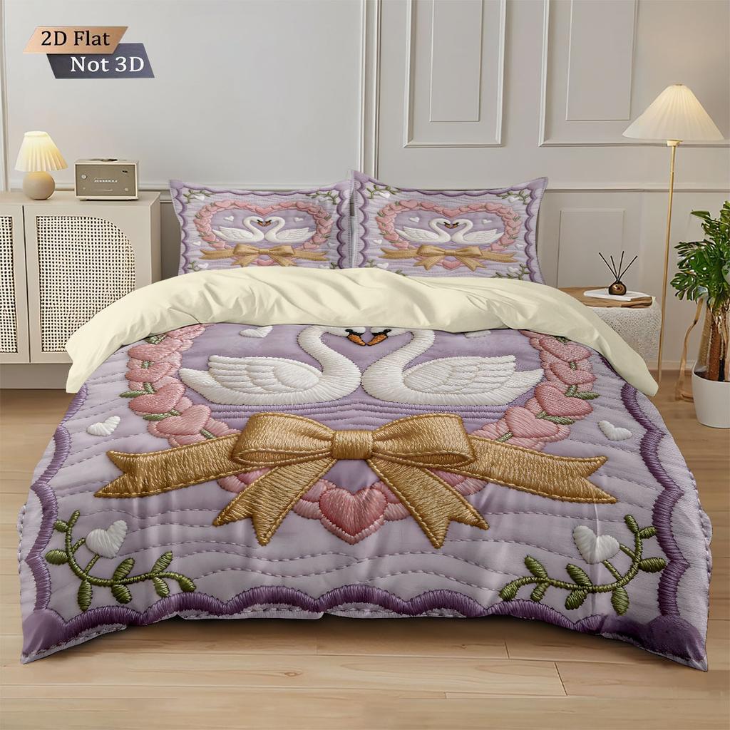 3pcs Valentine's Day Romantic Swan Love Print Coreless Down Duvet Cover Set Comfortable Bedroom Bedding Decoration