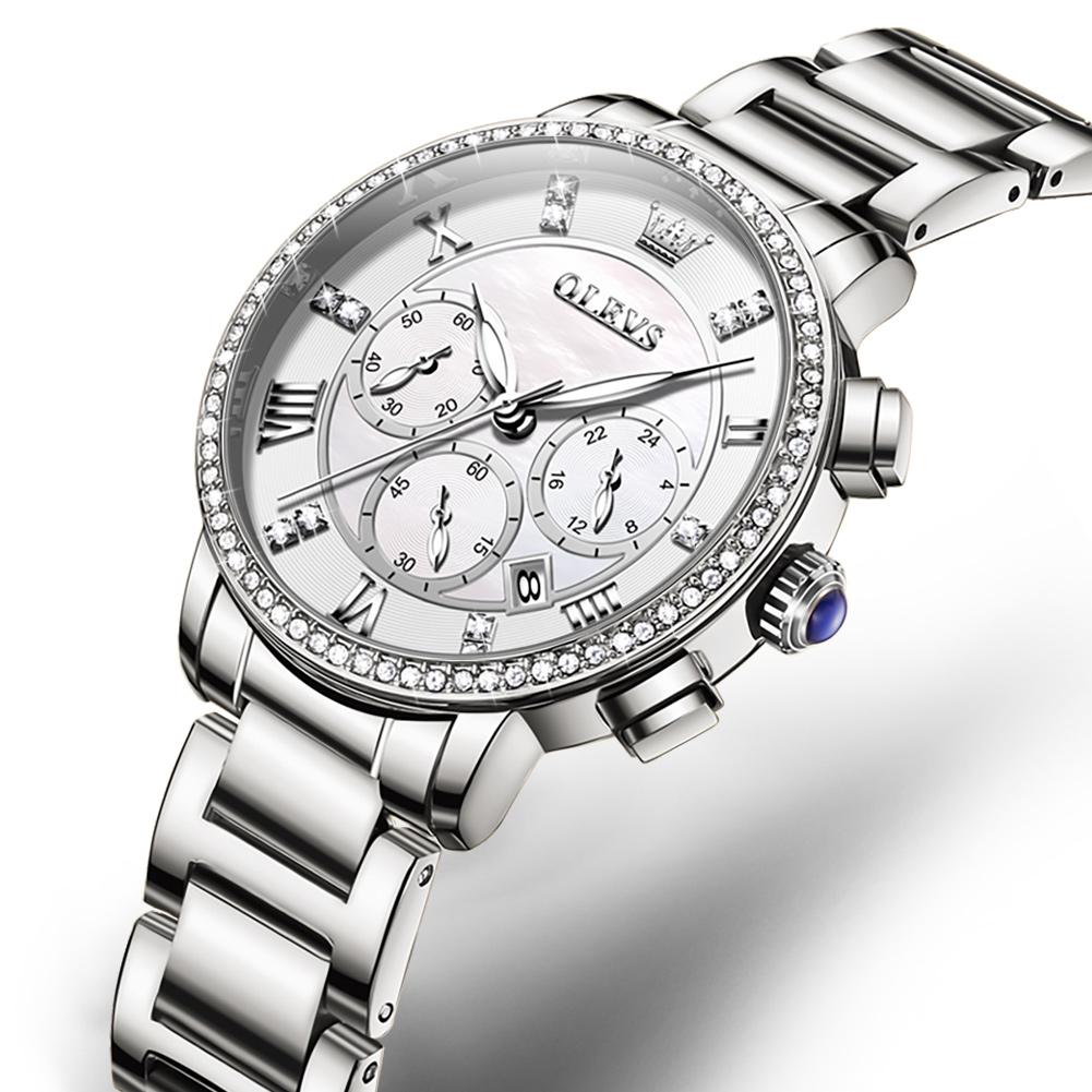 Ceas de mână cu cuarț din oțel inoxidabil argintiu pentru femei Ceas multifuncțional de lux, rezistent la apă, luminos pentru damă