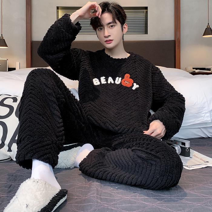 Men's Winter Coral Fleece Pajamas: Outdoor Wearable, Thickened Flannel, One-Piece Home Clothing