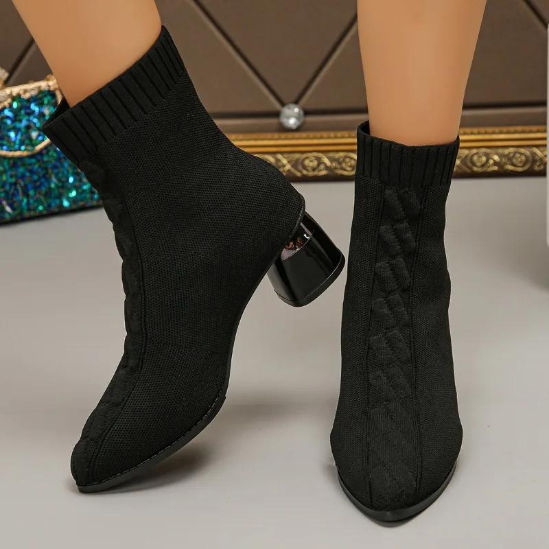 Fashion 2024 Plus Size Ladies Shoes Ankle Women's Boots Elegant Knitted Boots Women Pointed Toe Slip On Chunky Heels Shoes Women Zapatos