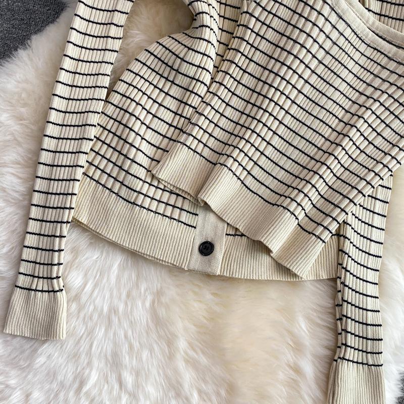 Fashion Suit Skirt Slim Knitted Lapel Top Sleeveless Vest Three-Piece High Waist Striped Hip Skirt Women