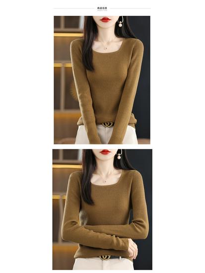 2025 Slim Fit Women's Square Neck 100% Wool Sweater - Thin U-neck Base Layer Top