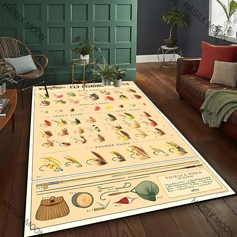 3D Fish Bait Pattern Carpet Bedroom Floor Living Room Bed Office Mat, Non-slip Exquisite Home Decor Durable Machine Washable Rug