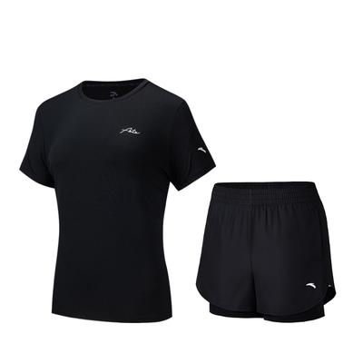 Einfacher Rundhals Pullover Kurzarm Sport Entspannte Shorts Set Damen Sets Basic-Schwarz 962527205-3