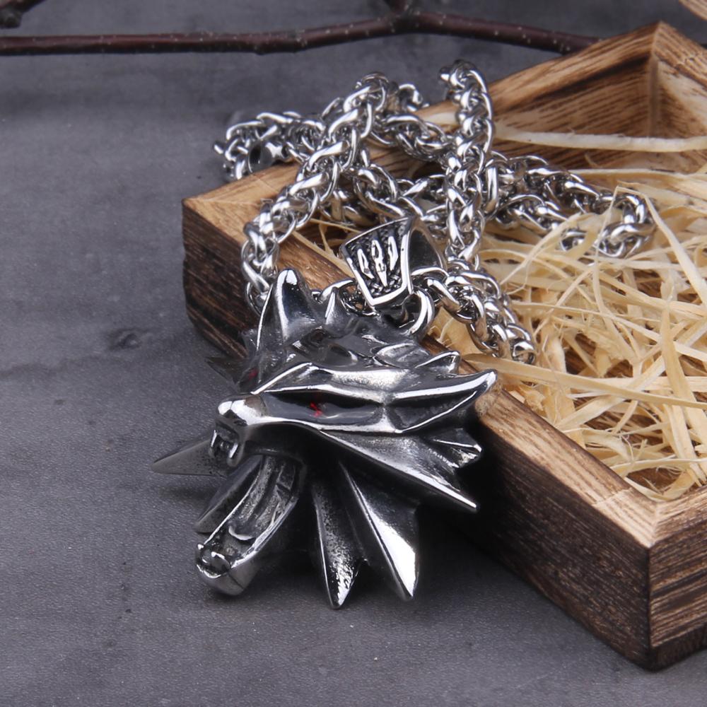 Stainless Steel Viking Necklace Wizard 3 Wild Hunt Pendant Geralt Wolf Head Jewelry with Wooden Box Gift