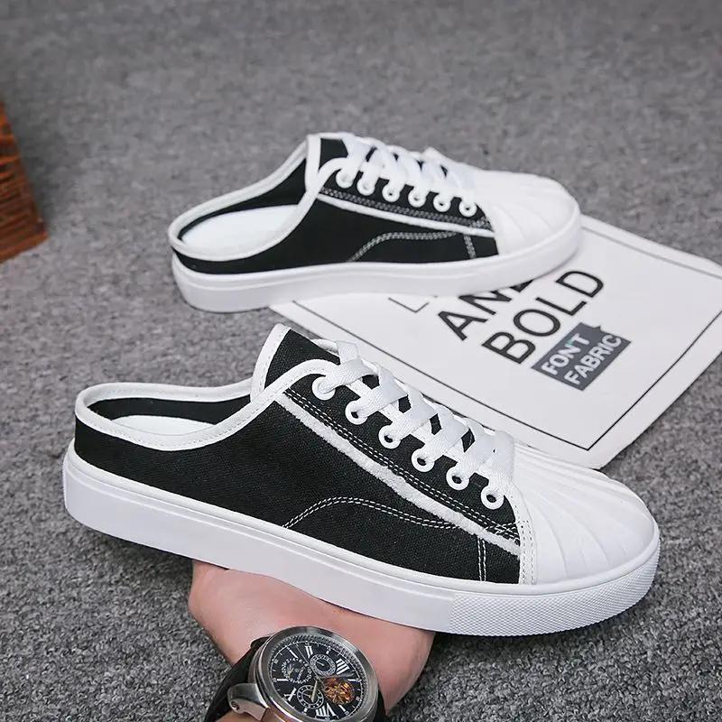 Men's Shoe Mules Half Canvas Slides Rubber Flat Male Slipper Y2k High Quality Cheap Shoes Liquidation Clappers 2025 Fun