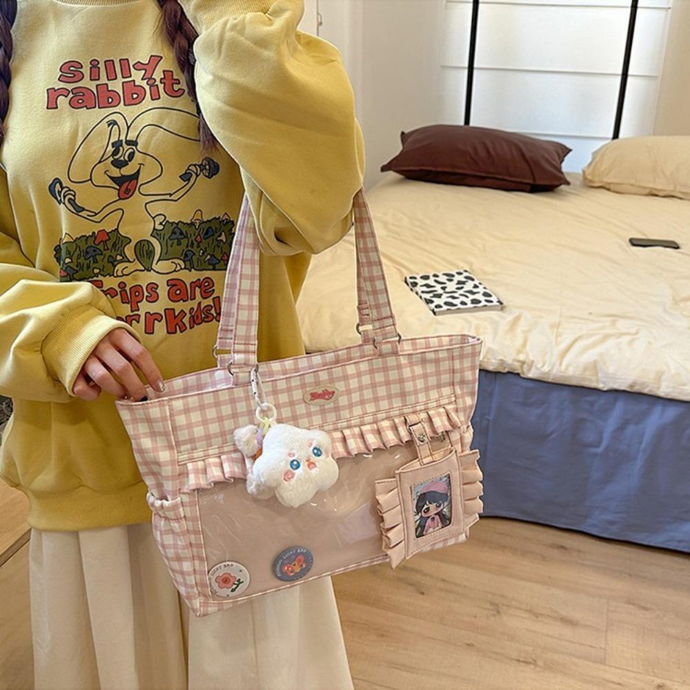 Girls' Ulzzang Ita Bag New Japanese Sweet Plaid Versatile and Cute College Style School Bag Commuting and Casual Tote Bag