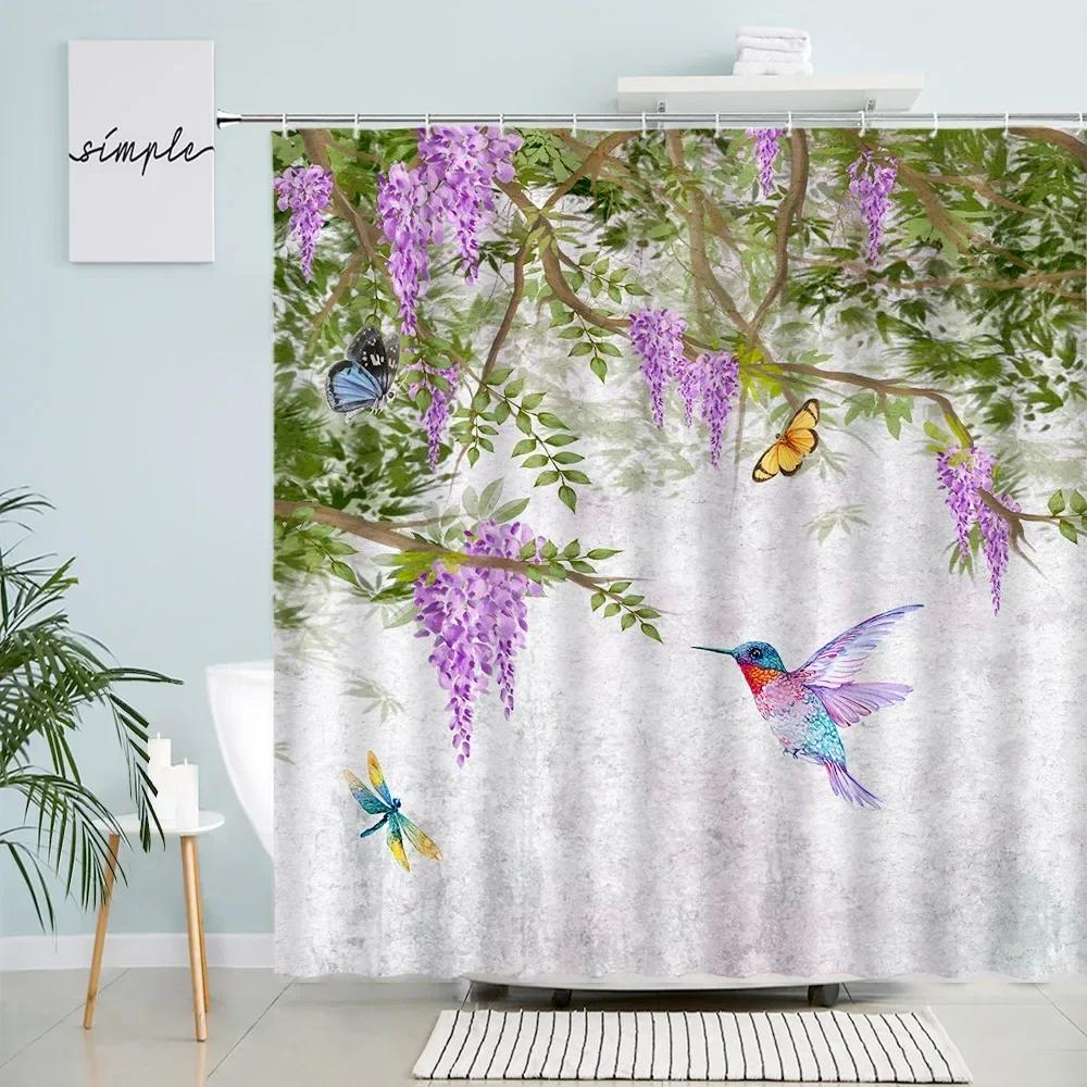 Plants Flowers Shower Curtains Butterfly Purple Floral Green Leaves Hummingbird Rustic Spring Scenery Fabric Bathroom Decor Sets