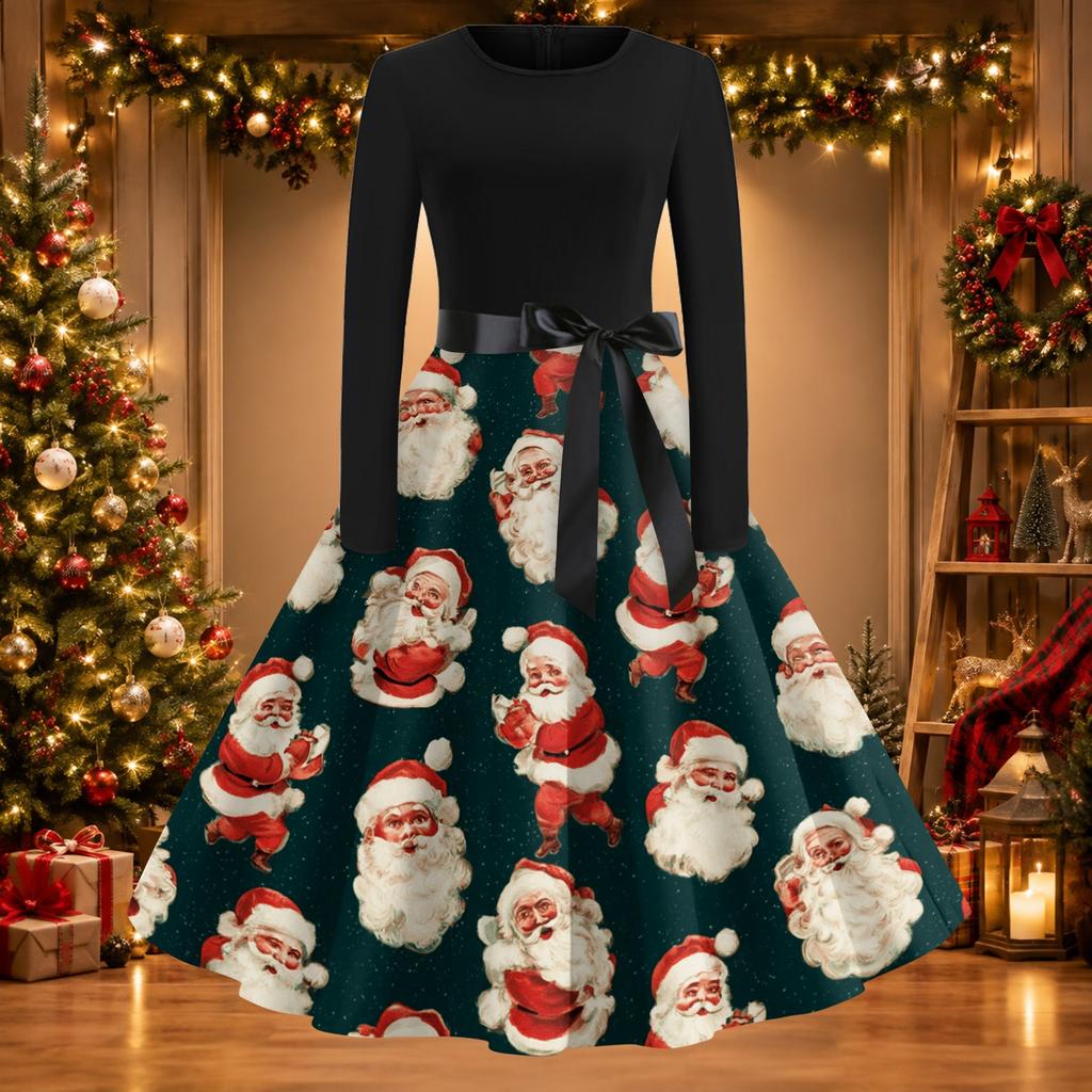 Women's Casual Christmas Print Neck Vintage Dress for Holiday Party