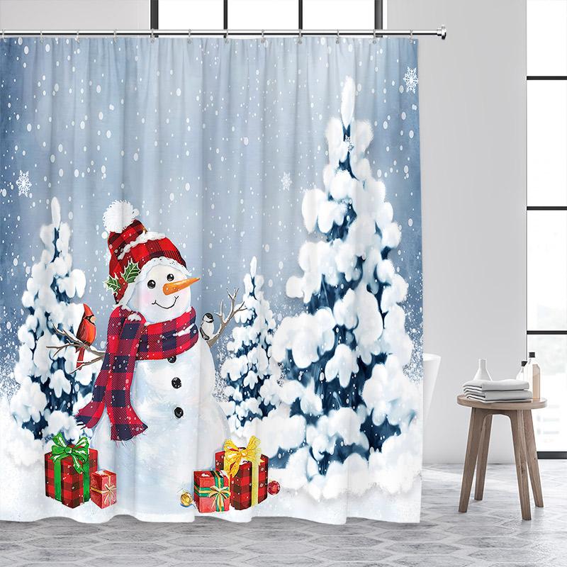 

Зимняя Рождественская Занавеска для Душа Милый Снеговик Красный Грузовик Рождественская Елка Лес Снежный Пейзаж Домашний Декор для Ванной Комнаты Набор Занавесок для Ванны 90x180cm-35x70in