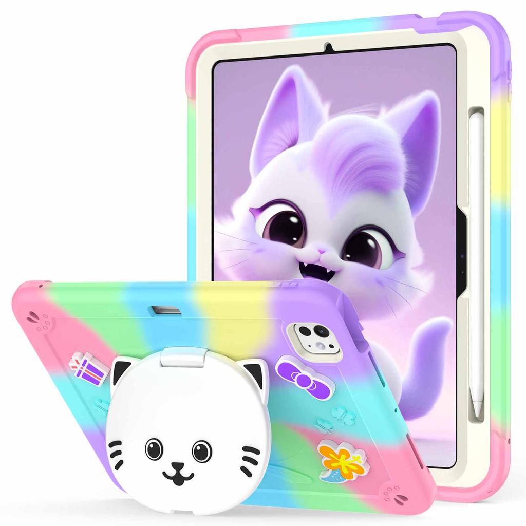 For iPad Pro 11 (2025)/11 (2024) Case with Cat Kickstand PC + Silicone Colorful Tablet Cover
