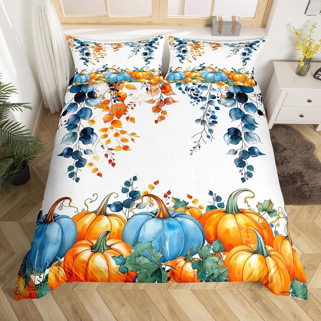 Fröhliches Thanksgiving BettbezugHerbsternte Kürbis Bettbezug Full King für Jungen Teenager Erwachsene Herbst Ahornblatt Bettwäsche-Set