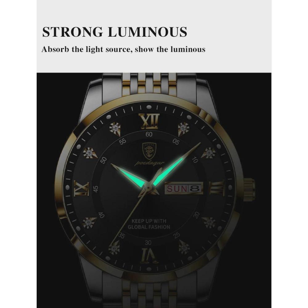 POEDAGAR Luxury Business Man Watch Stainless Steel Week Date Men's Wristwatch Waterproof Luminous Fashion Quartz Watches for Men