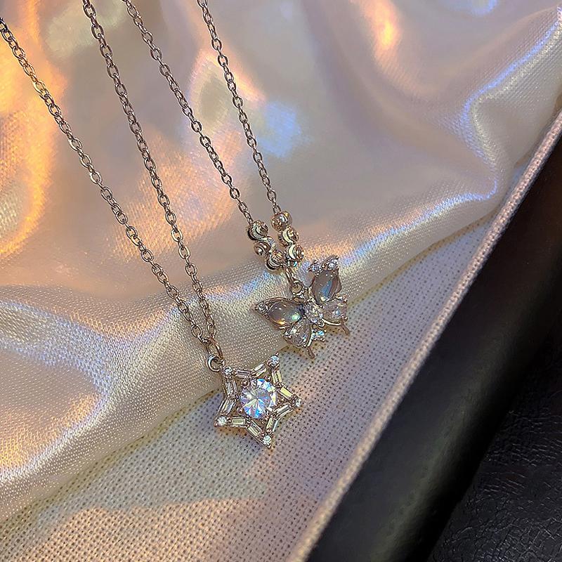 Zircon Butterfly Star Pendant Necklace for Women Exquisite Sweet Stainless Steel Collarbone Chain Casual Versatile Jewelry Gift