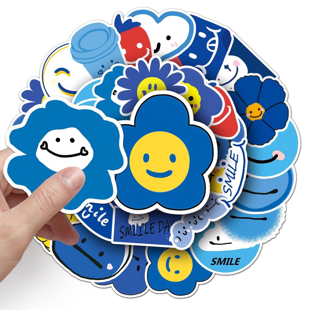 50 Sheets Blue Smile Cartoon Stickers: Cute, Waterproof Decoration for Journals, Computers, and Water Bottles