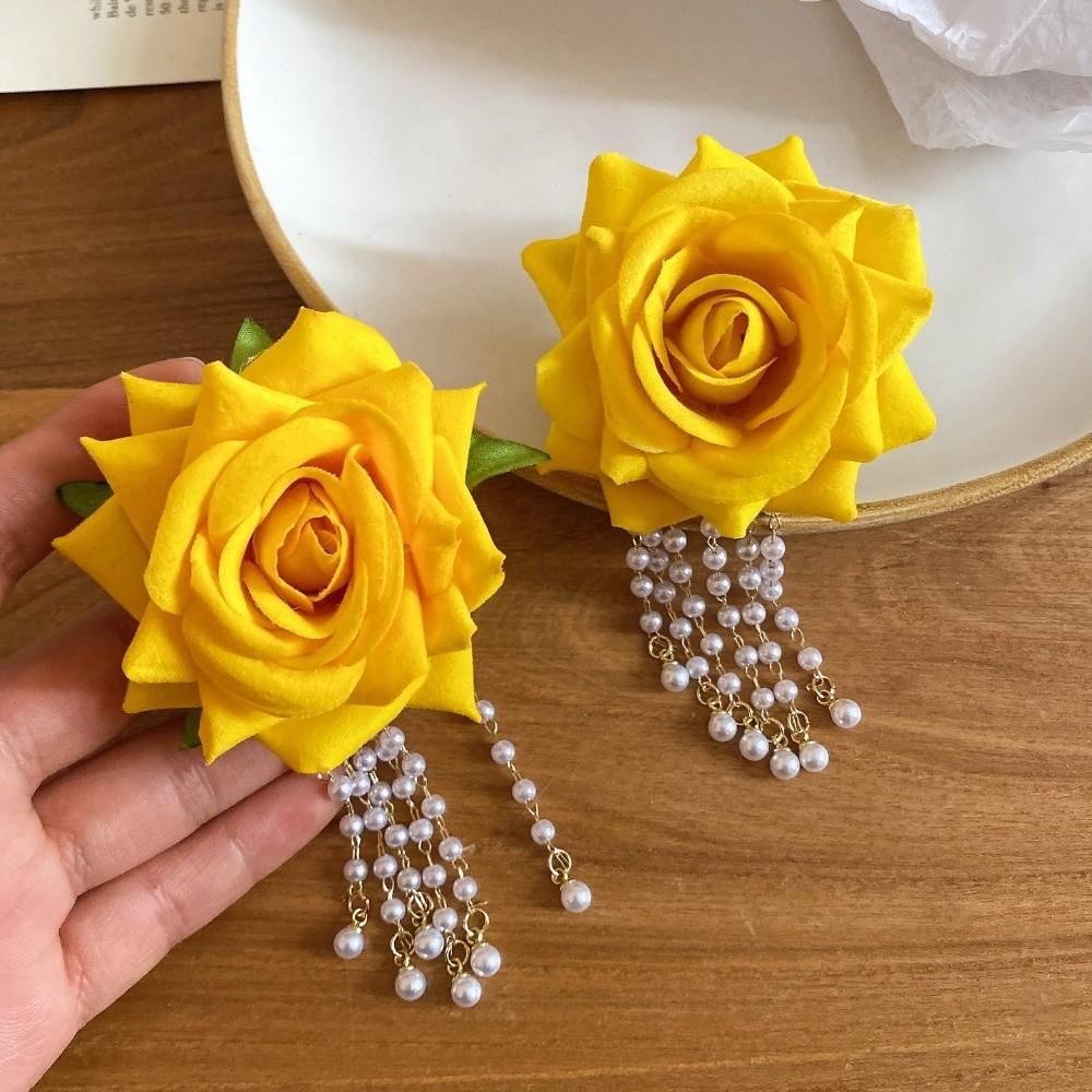 1 Pair with Beads Tassel Yellow Rose Earrings Temperament Chinese Rose Earrings Birthday