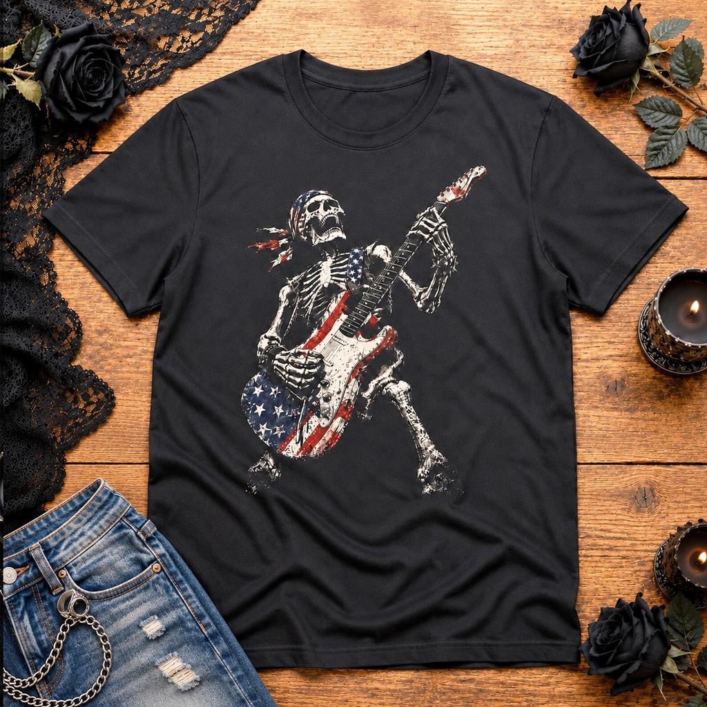 Patriotic Skeleton Playing Electric Guitar T-Shirt, Rock Flag Skeleton Tee, Goth, 250th Anniversary