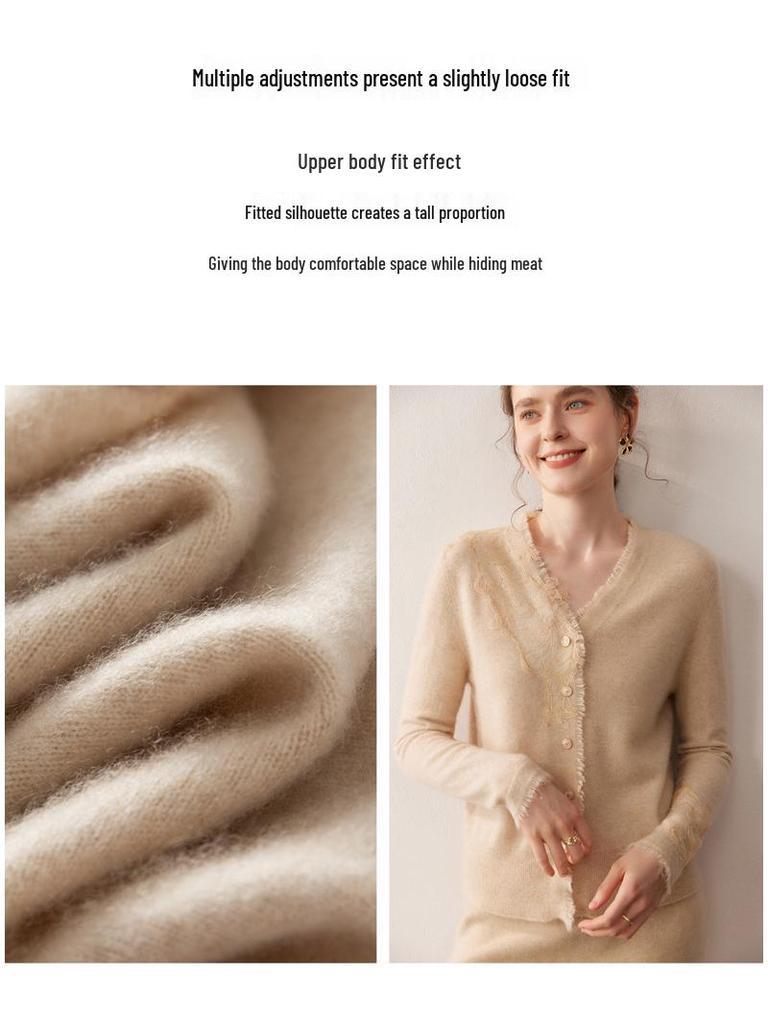 2025 A/W Women's V-neck Lace Cashmere Cardigan Sweater - Solid Color, Loose Fit