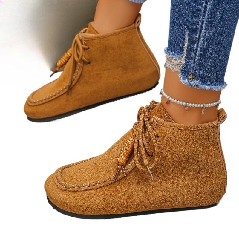 2025 Neue Damen Stiefeletten Luxus Modeschuhe Herbst Winter Rundkopfstiefel Einfarbig Plüsch Bequeme Flache Schuhe Damen