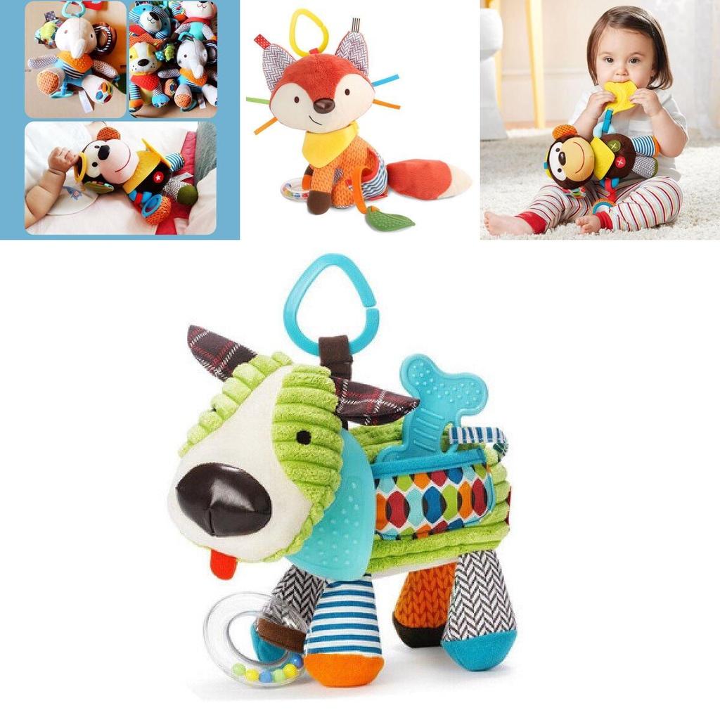 Weiches und buntes Plüschtier für Babys mit verschiedenen Texturen und Beißring für sensorisches Spiel