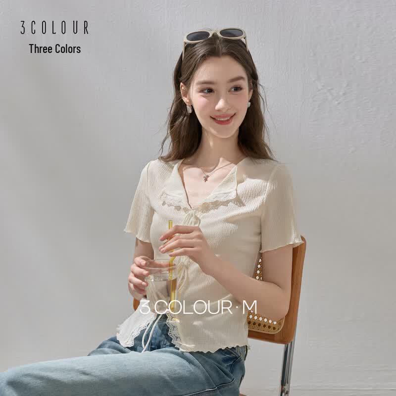 Sancai 2026 Summer Textured Lace Patchwork Short-Sleeve V-neck Top