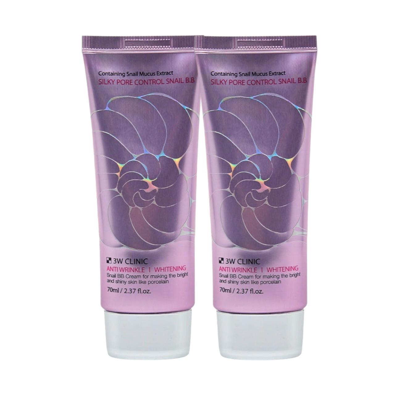 3W Clinic Silky Pore Control Snail BB Cream - Pore Refining Foundation with Snail Secretion Filtrate, 70g (Pack of 2)