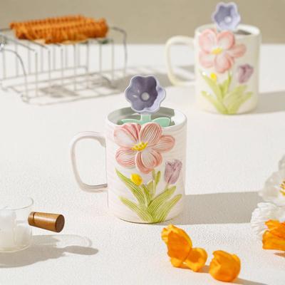 Underglaze Colored Ceramic Cup Flower Cup Niche with Spoon Ceramic Mug Girls High Value Cup Gift