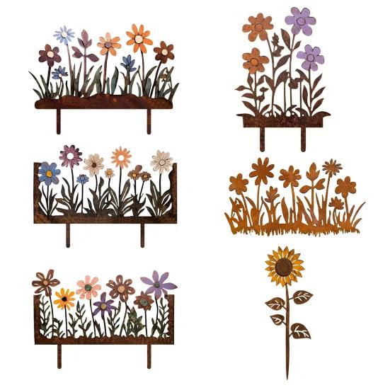 Rostige Blumenbeet-Stange Dekoration Wetterfest Innen Außen Hof Rasen Terrasse Weg Metall Blumen-Silhouette Schild Stange Ornament