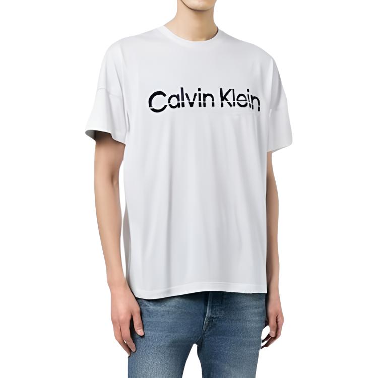 Calvin Klein Ss23 Marškinėliai trumpomis rankovėmis su užrašu, apvalia iškirpte, vyriški, viršūnės, balti 40MC800-540
