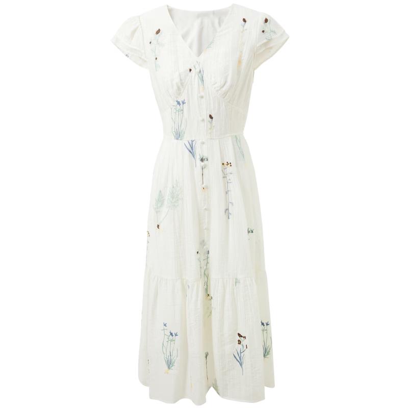 

Sancai Summer French Romantic Embroidered V-Neck A-Line Maxi Dress S