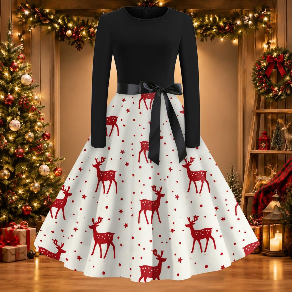 Women's Vintage Christmas Print Round Neck Casual Dress