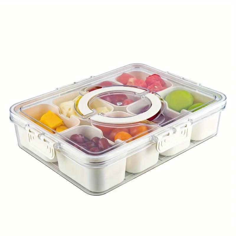 1pc Divided Tray with Handle -8-compartment Fruit Container with Lid and Detachable Snack Box